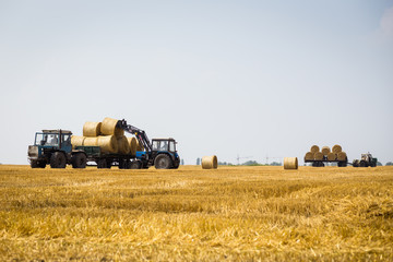 Obraz premium Vinnitsa,Ukraine - July 26,2016.huge tractor collecting haystack in the field at nice blue sunny day,Tractor collecting straw bales,Agricultural machine collecting bales of hay,harvest concept