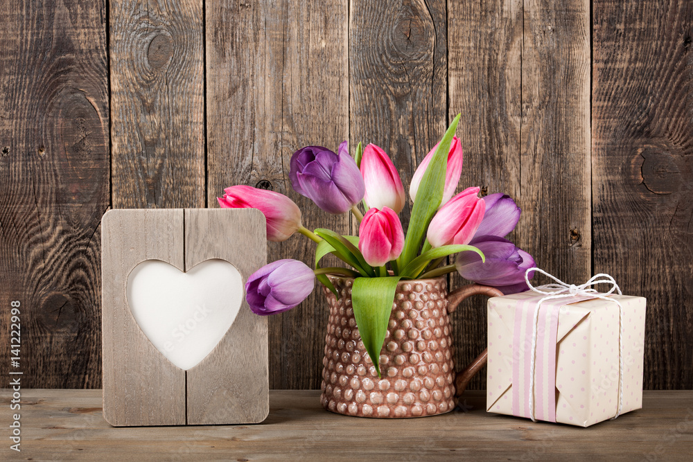 Canvas Prints Gift box, colorful tulips and heart shaped frame