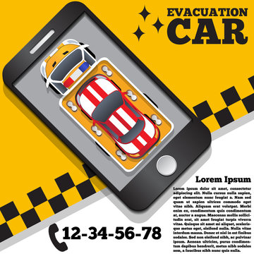 Evacuation car in the form of a mobile application. View from above. Template design presentation. Vector illustration.