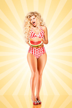 Bikini and watermelon / Beautiful pinup bikini model, holding a watermelon on colorful abstract cartoon style background.