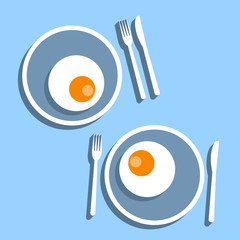 Fried egg Vector illustration Two servings of fried eggs in plates with cutlery on a blue background Flat design