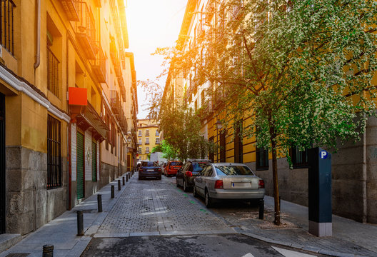 Old narrow cozy street in Madrid. Spain