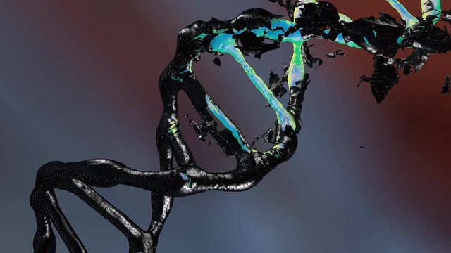 3d animated background: DNA molecule consists of the collapsing of moving particles. Genetic mutation and combating viruses. Science and medic concept background. Destroyed structure. Nano technology.