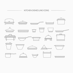 Kitchen dishes line icons. 