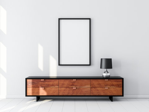 Black Poster Frame Mockup hanging on the wall, modern bureau with Table lamp. 3d rendering