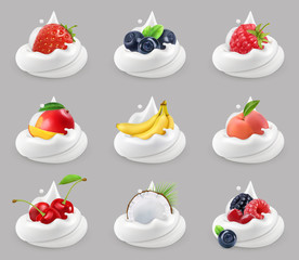 Whipped cream with fruits and berries, 3d vector icon set
