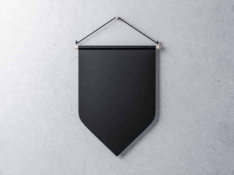 Blank Black pennant hanging on a concrete wall, 3d rendering