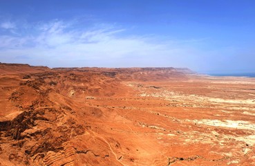 Fototapeta na wymiar rocky desert and water in the distance