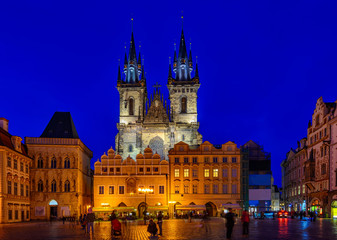 Fototapeta na wymiar Night view of Old Town Square and Church of Mother of God before Tyn in Prague. Czech Republic.
