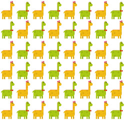 Seamless pattern made by green male and yellow female dinosaurs - brontosaurus (thunder lizard) on white background