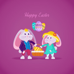 Lovely beautiful rabbits holding a basket with a Easter egg.