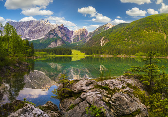Mountain lake in the morning, Laghi di Fusine in the Julian Alps, Italy