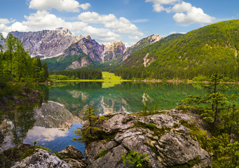 Mountain lake in the morning, Laghi di Fusine in the Julian Alps, Italy