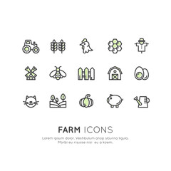 Vector Icon Style Illustration of Farm Symbols, Country Building, Household Tools, Pets and Domestic Animals, Isolated Minimalistic Object
