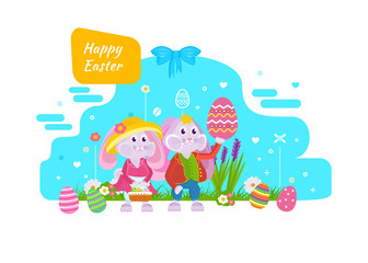 Cute bunnies with an Easter basket and eggs in hand.