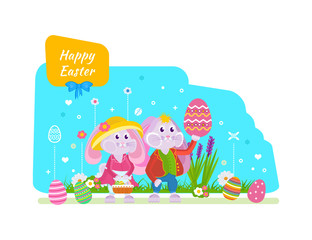 Cute bunnies with an Easter basket and eggs in hand.