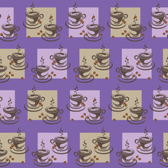 Two cups of coffee in the squares. Purple background. Seamless pattern. Design for textiles, wall hangings, wrapping paper.
