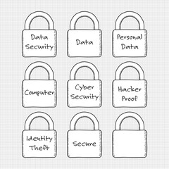 Padlocks with data security theme. Padlocks have white fill, isolated on grid background.