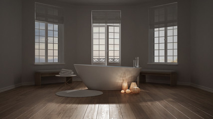Spa bathroom, night relax, sunrise sunset scene, minimalist interior design