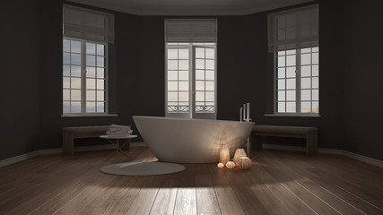 Fototapeta na wymiar Spa bathroom, night relax, sunrise sunset scene, minimalist interior design