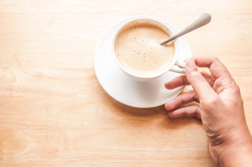 top view coffee cup with space on wooden table