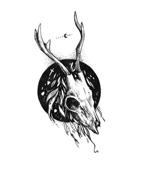 Emblem with deer skull. Boho style. Skull of elk with horns. It can be used as an idea for a tattoo. Dark, gothic.