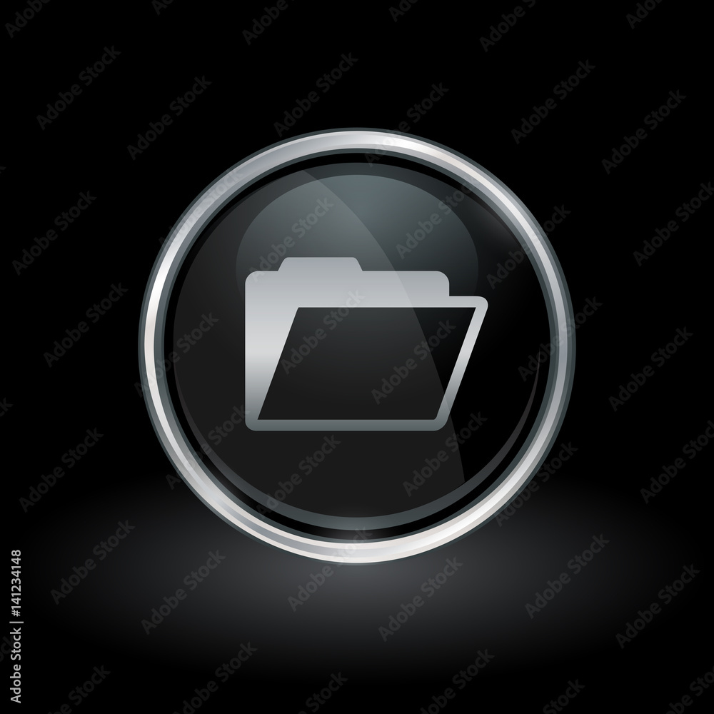 Wall mural document symbol with folder icon inside round chrome silver and black button emblem on black backgro