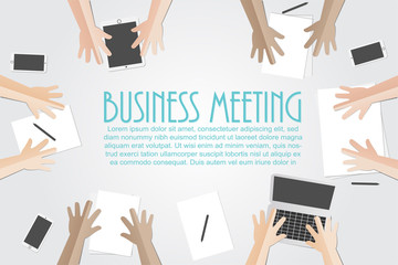 Business meeting flat concept with top view of different businessmen hands with gadgets and office documents and blank paper on white vector illustration