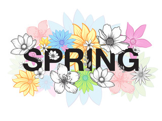Spring time wording with hand drawn colorful flowers on white background vector illustration