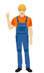 Builder showing victory sign