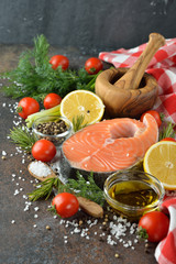 Salmon steak and ingredients