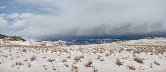Snow clouds over Lamar Valley in Yellowstone National Park Wyoming
