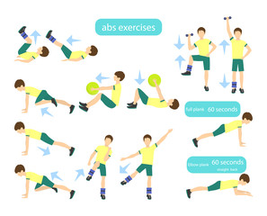 Arms workout set on white background. Exercises for boys. Healthcare for children.