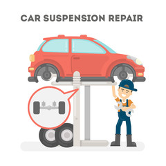 Car suspension repair on white background. Car service.