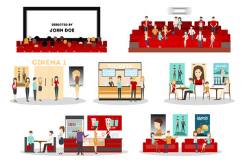 Cinema interior set. Screen and rows with audience, tickets and posters, cinema bar. isolated icons on white background. - obrazy, fototapety, plakaty