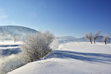 steam above a small river in winter