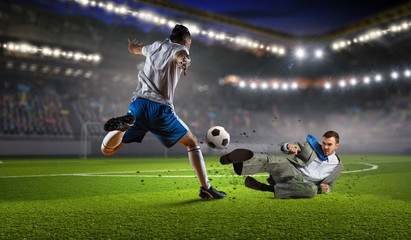 Fototapeta na wymiar Soccer player in attack . Mixed media