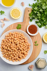 Ingredients for making hummus, top view.