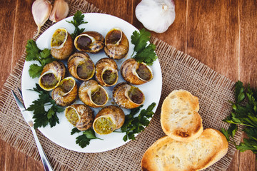 Escargots de Bourgogne - Snails with herbs butter, gourmet dish in French traditional  with parsley and bread on white platter