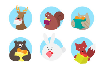 Vector illustration icon set of woodland animals holding gift box
