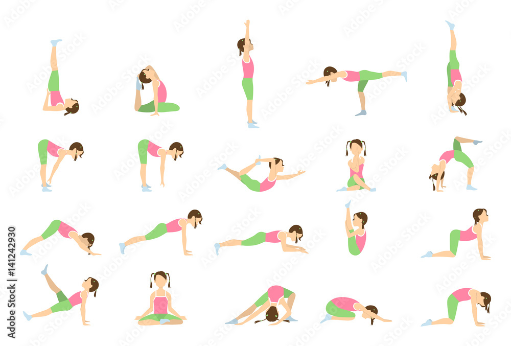 Wall mural Yoga for kids. Isolated poses and asanas for children on white background.