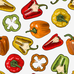 Seamless pattern with hand drawn sketch style peppers isolated on white background. © verock