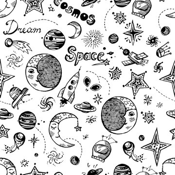 Hand drawn doodle seamless pattern with space elements: stars, p