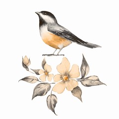 Bird on branch. Watercolor painting