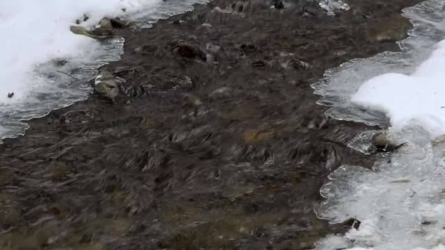 A beautiful crystal clear river flows over mountain rocks in winter. Its rapidly moving water runs past melting snow and ice.
