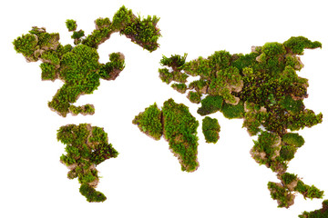 Map world made from green moss isolated on white background.
