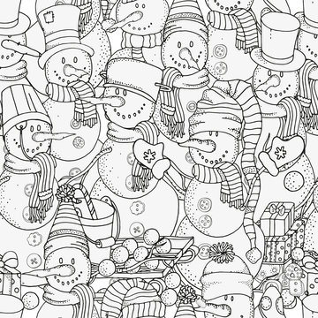 Seamless pattern. Cheerful snowmen.