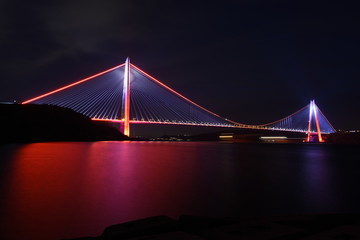 Fototapeta na wymiar New bridge of Istanbul Bosphorus, Yavuz Sultan Selim Bridge with long exposure on sunset