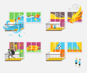 Set of illustrations on the theme of property insurance against accidents