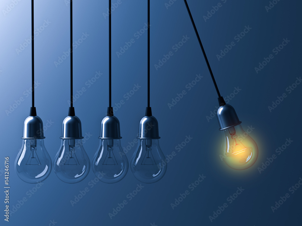 Poster one hanging light bulb glowing different and stand out from unlit incandescent bulbs like newtons cr
